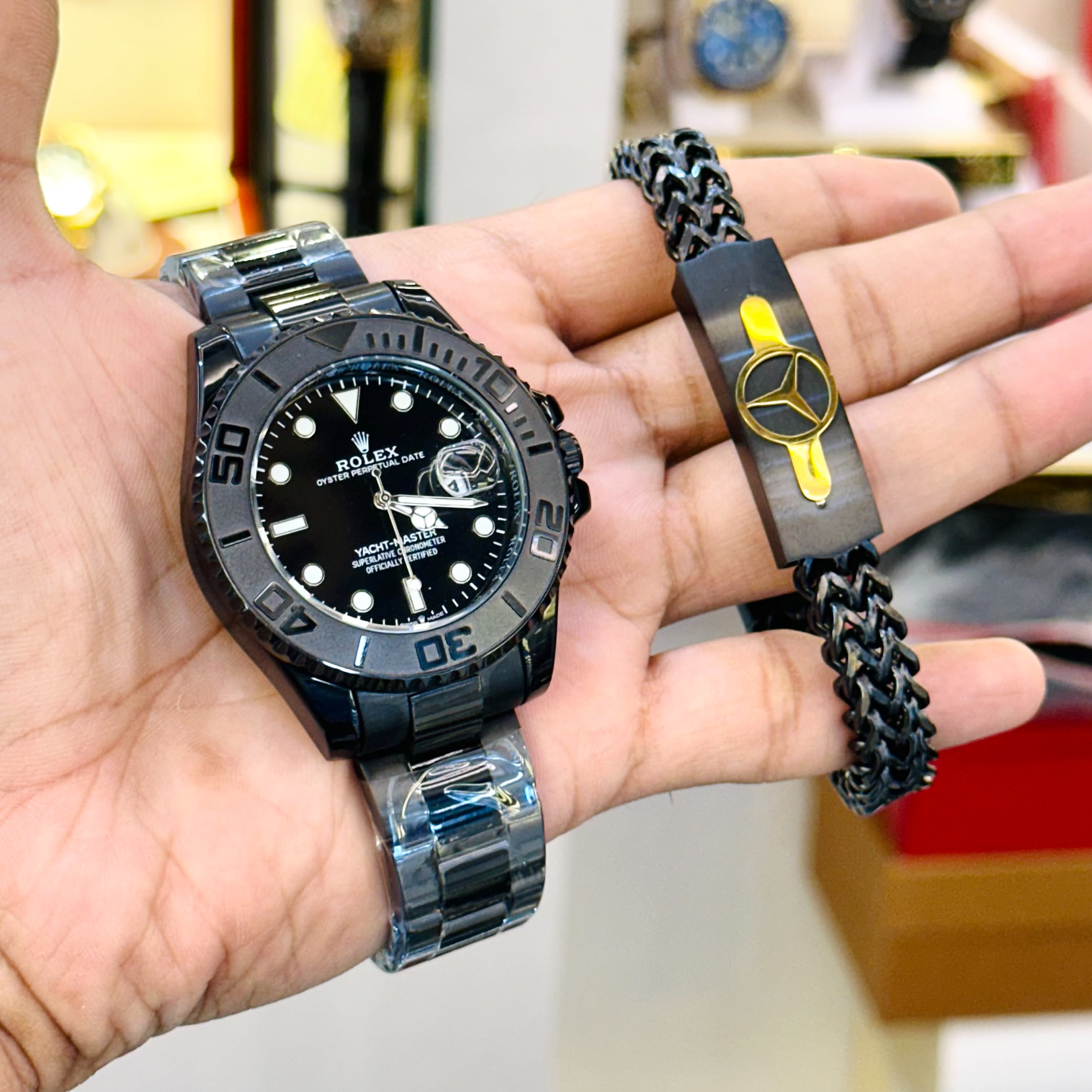 Yacht Master Full Black Watches & Bracelet Combo