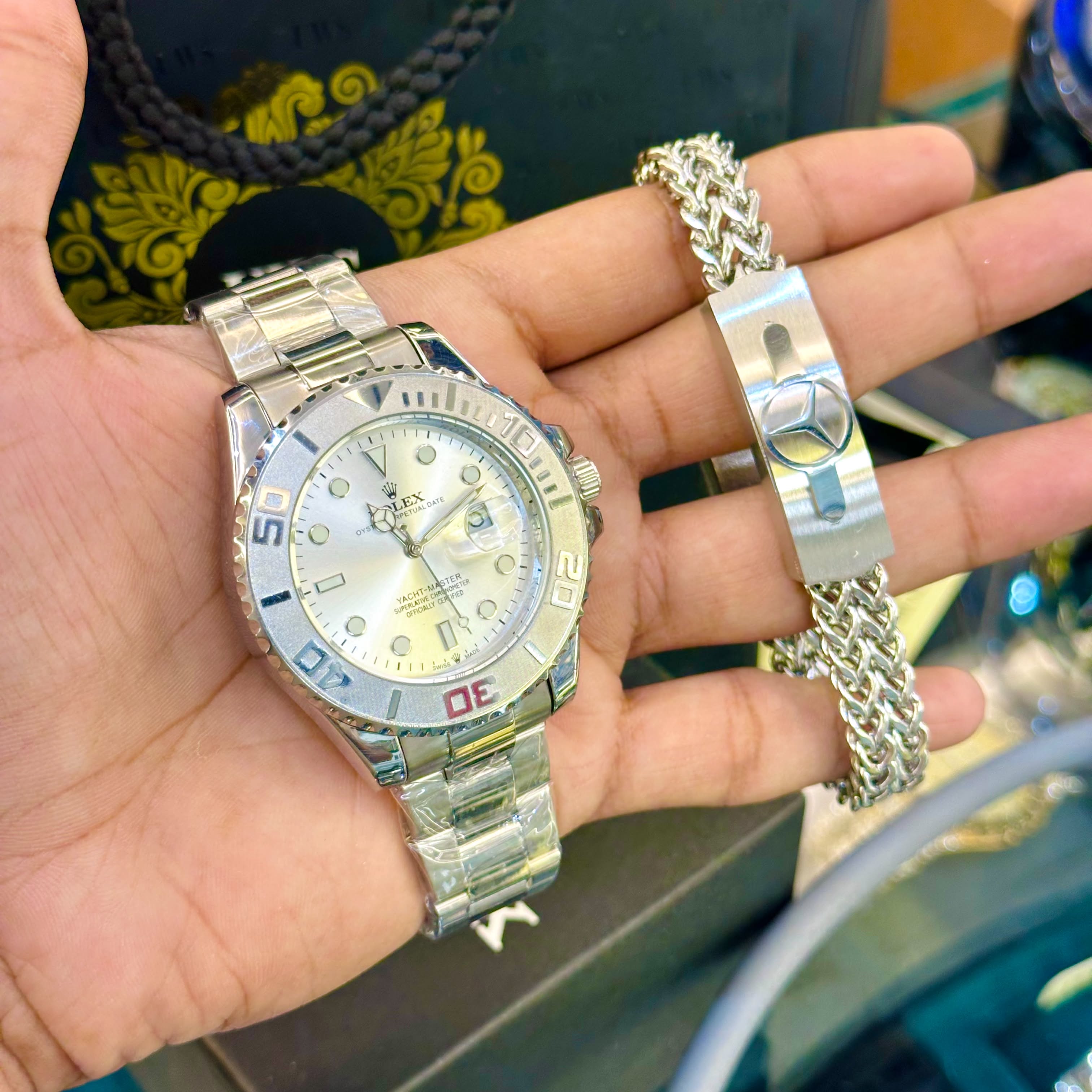 Yacht Master Full Silver Watches & Bracelet Combo