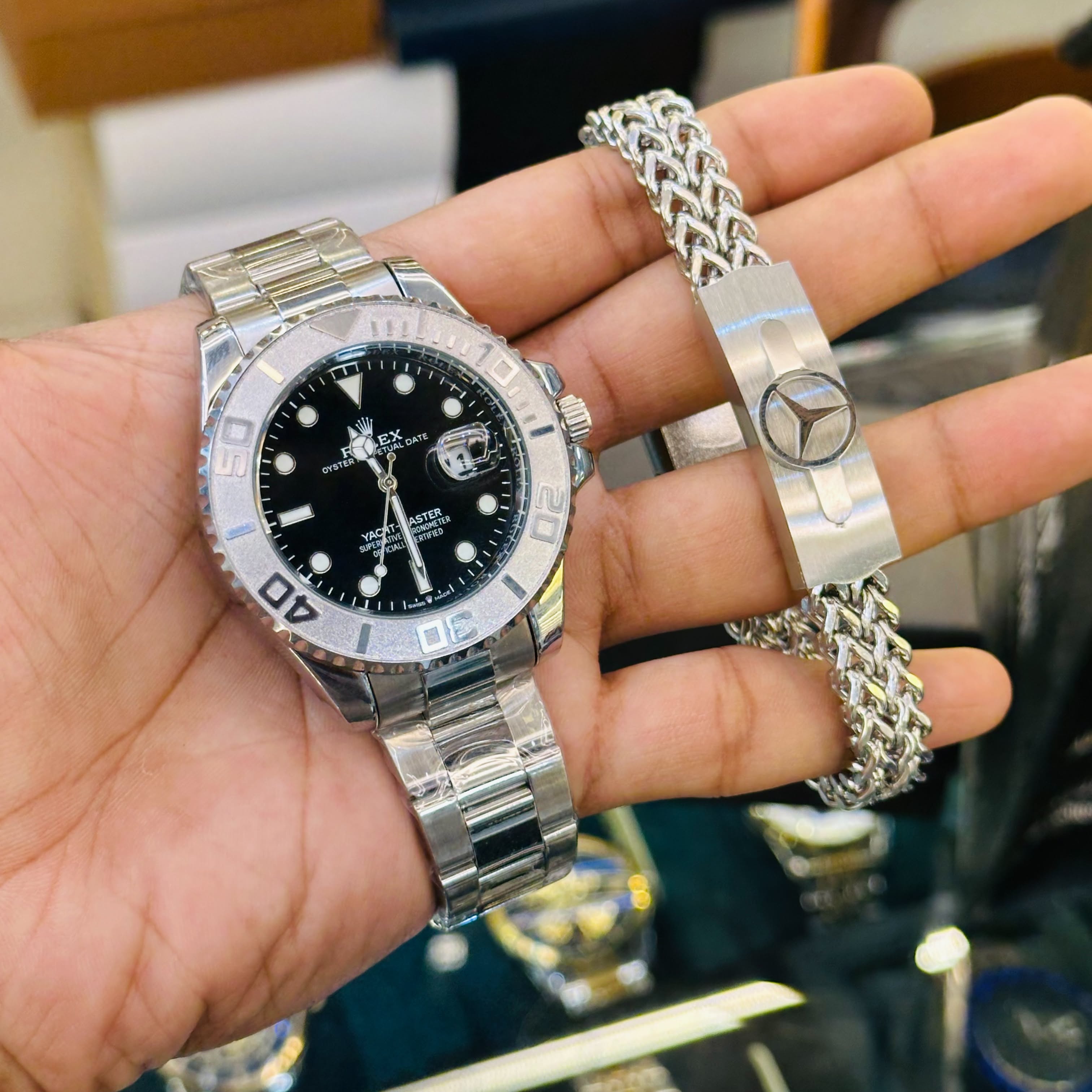 Yacht Master Full Silver Watches & Bracelet Combo