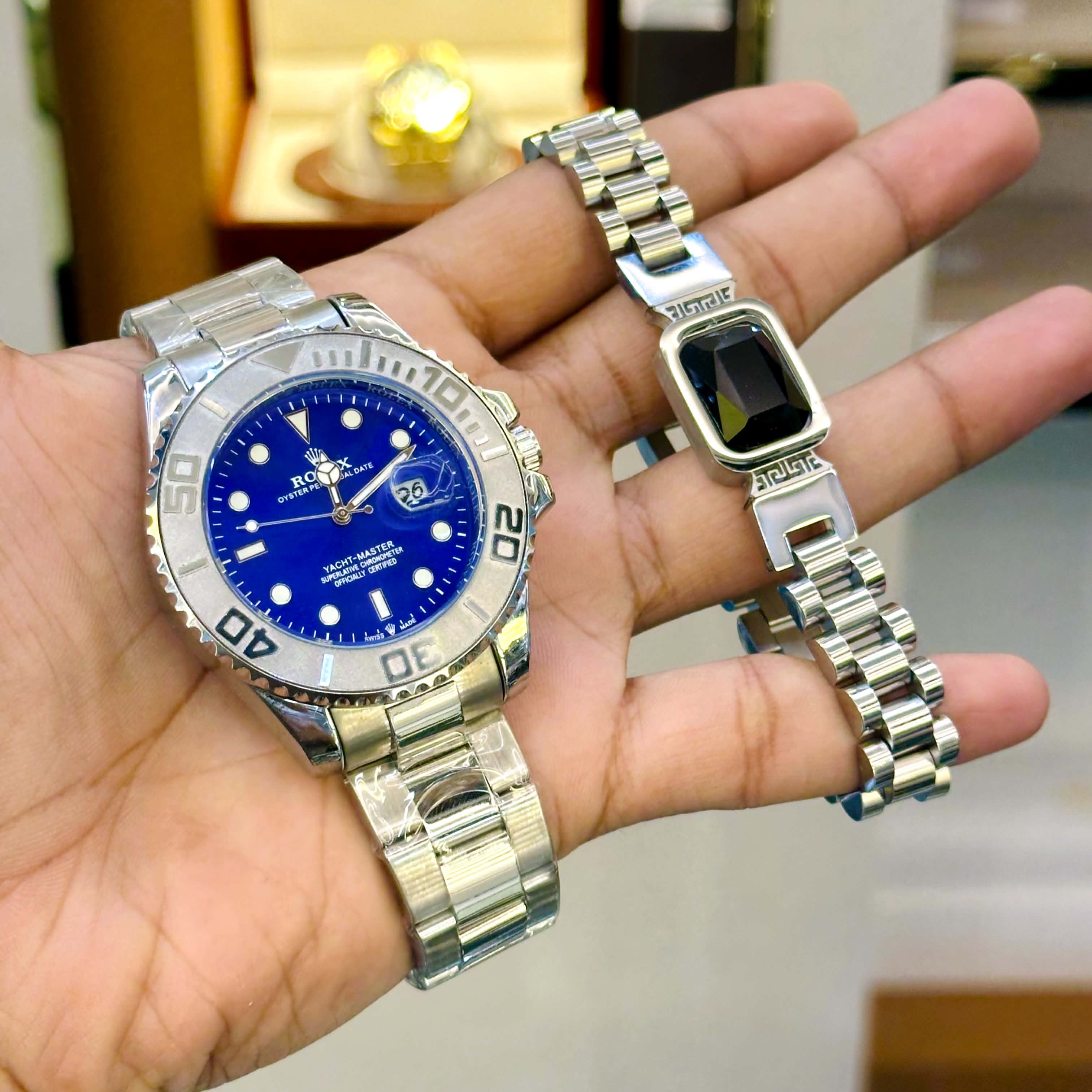 Yacht Master Full Silver Watches & Bracelet Combo