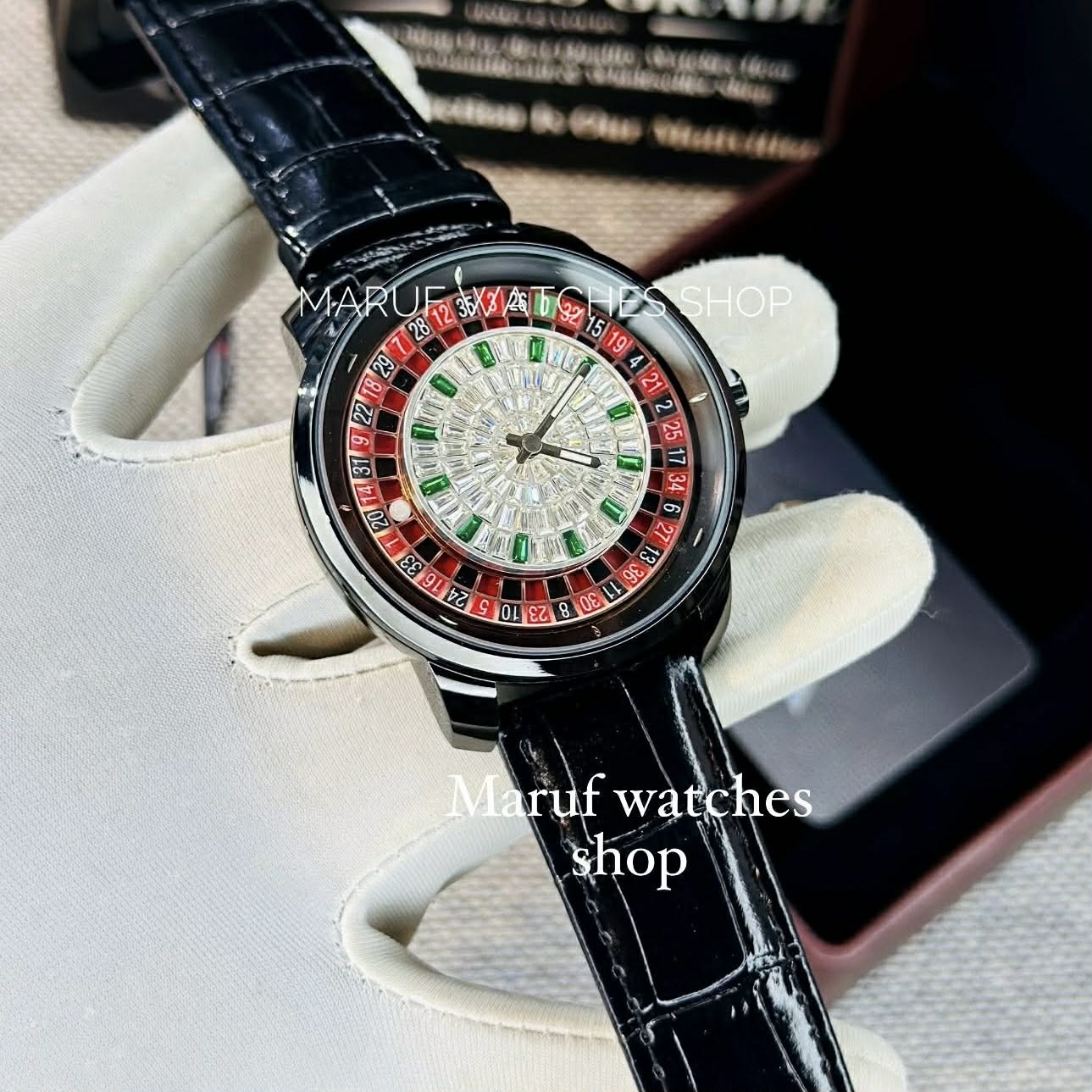 Premium Black Leather Casino Stone Watch Black Body