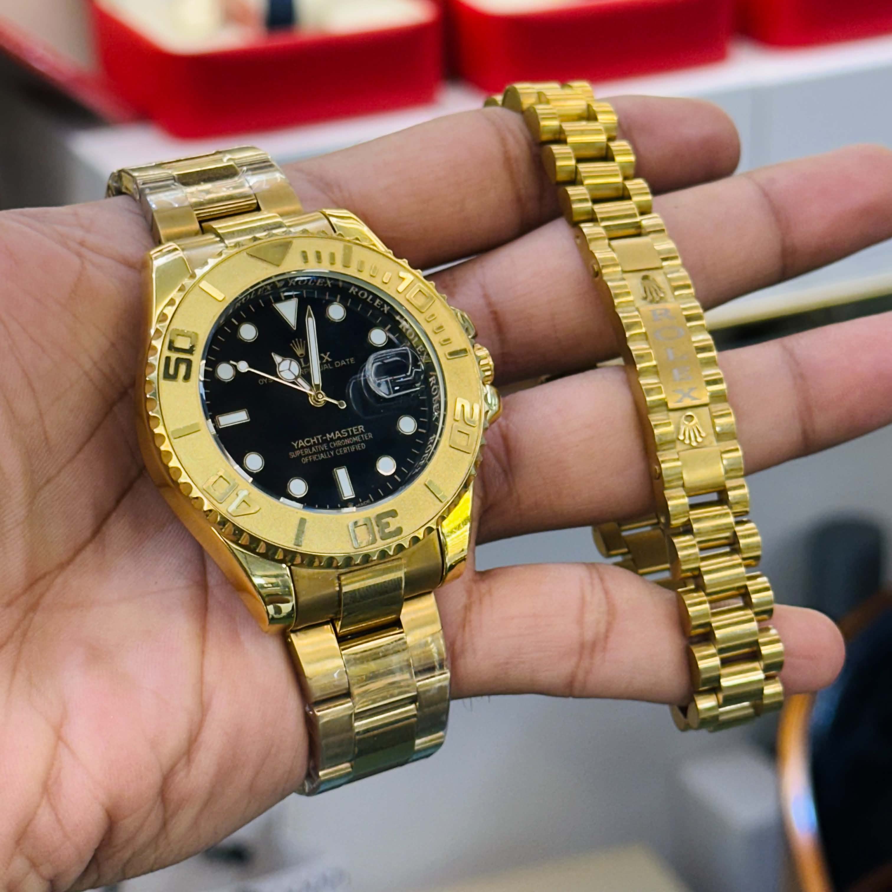Yacht Master Full Golden Watches & Bracelet Combo